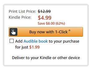 Image shows a screenshot of the Amazon Kindle ebook buying option, including a field that can be toggled to add the Audible narration for $1.99