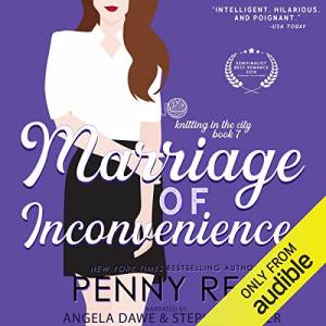 Cover of Marriage of Inconvenience by Penny Reid is an illustration of a brown-haired white woman in business attire with a white blouse and black skirt