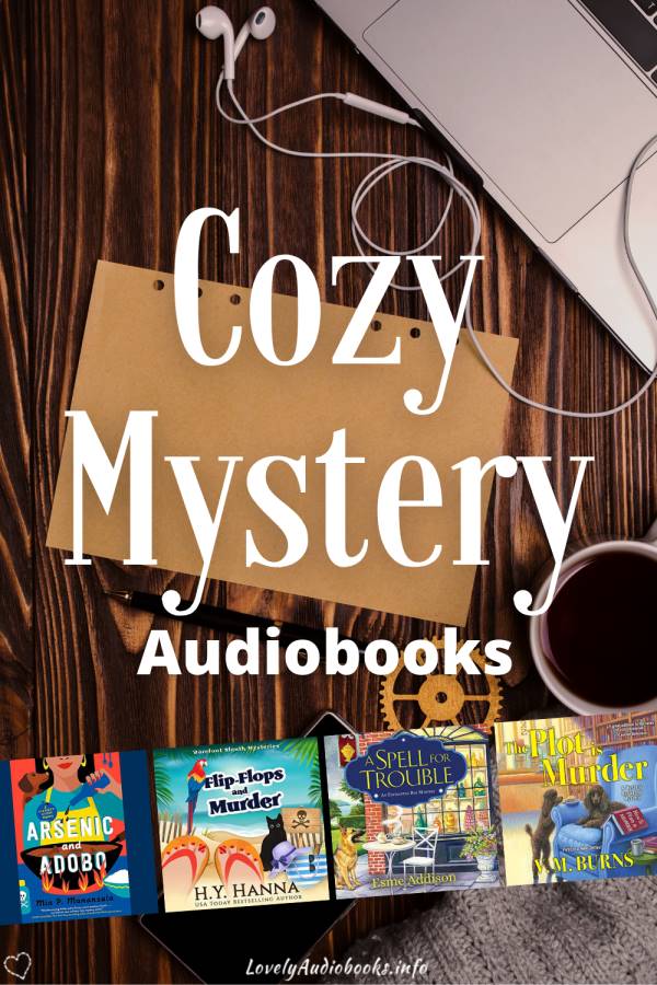 text: cozy mystery audiobooks, book covers: Arsenic and Adobo, Flip-Flops and Murder, A Spell for Trouble, The Plot is Murder