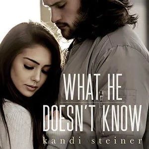 What he doesn't know audiobook cover shows a white woman with brown hair, eyes downcast, in front of her is a white man with shoulderlength dark hair and a beard looking down at her.