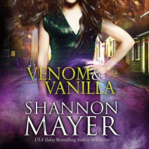 Venom & Vanilla audiobook cover showing a white woman in a leather shirt surrounded by purple magic