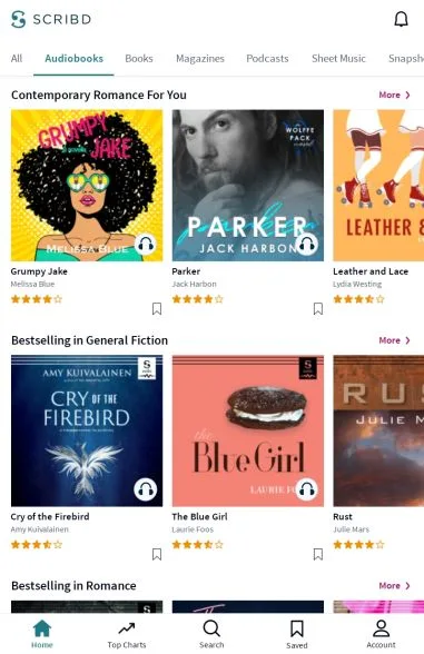 Image shows a screenshot of the audiobook tab in the Scribd app