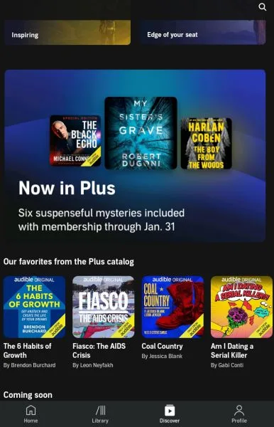 Image shows a section with recommendations for Audible Plus audiobooks in the Audible app