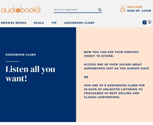 Screenshot of Audiobooks.com Clubs with a banner saying "Listen all you want! Now you can use your monthly credit to either: Access one of over 350,000 great audiobooks just as you always have Or Join one of 8 Audiobook Clubs for 30 days of unlimited listening to thousands of best-selling and classic audiobooks."