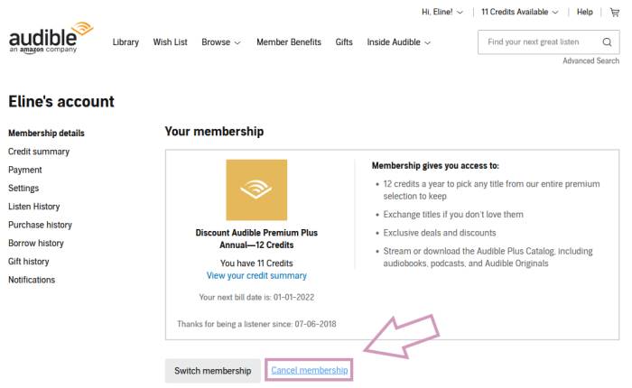How to cancel Audible in browser: a link to cancel your subscription is under your membership details