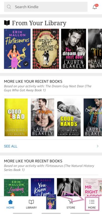 In the Kindle app, navigate to the "More" button in the bottom menu