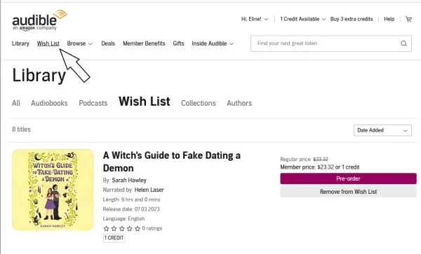 Image shows a screenshot of the Audible website with an arrow pointing to Wish List in the top menu