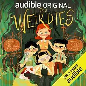 The Weirdies audiobook cover is a drawing of a white mom with red hair, she is smiling, her three kids all make faces and have dark hair.
