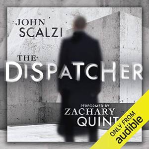 The Dispatcher audiobook cover showing a blurry figure in a black coat from the back