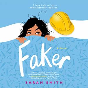 Faker by Sarah Smith, the illustrated cover shows the black hair and eyes of a brown-skinned woman, she seems to have a blanket drawn up over the lower half of her face, next to her is a yellow construction helmet