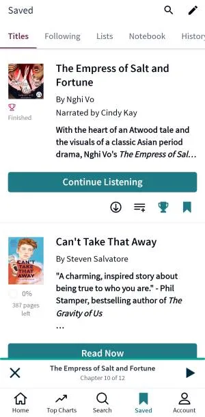 Screenshot of the Scribd app Saved tab