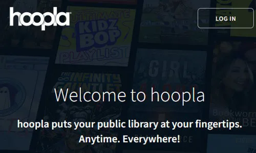 Screenshot from the best free Audible alternative Hoopla saying: "Welcome to hoopla  hoopla puts your public library at your fingertips. Anytime. Everywhere!"