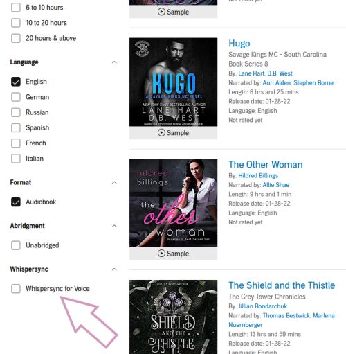 Image shows a screenshot from Audible and the options "Whispersync for Voice" in the left-hand menu on the Audible website