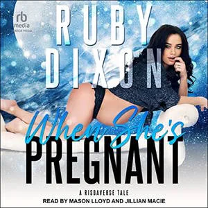 When She's Pregnant audiobook cover shows a pregnant woman with an oversized black shirt, blue planets in the background
