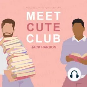 Cover of Meet Cute Club is an illustration of a Black man with an open book on one side and a lighter skinned man with a beard holding a huge stack of books on the other side.