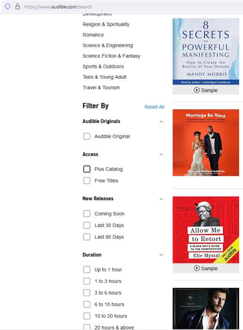 The Audible search page shows a long menu on the left-hand side where you can filter search results by genre or filter for Audible Plus. In the main area of the window, the audiobooks that fit the parameters are displayed.