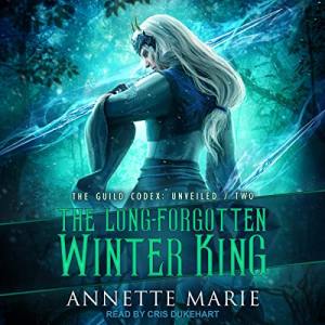 The Long-Forgotten Winter King (illustrated cover is very dark and mysterious looking, with a white man with long blonde hair in the center, he is wearing a robe and holding two blades of ice)
