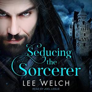 Seducing the Sorcerer (image showing the face of a white man with a black beard, glaring at the camera, he is wearing a black cowl and in the background is a dark tower)