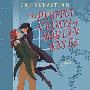 The Perfect Crimes of Marian Hayes by Cat Sebastian audiobook cover showing a white woman in pants and boots jumping to hug a white man with long red hair