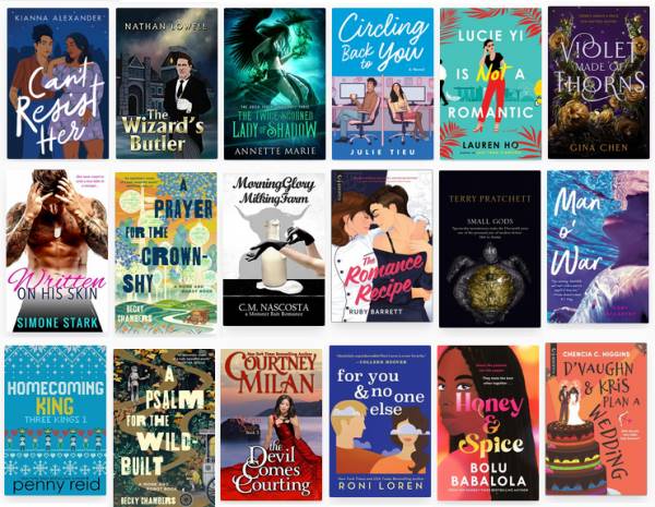 Screenshot of the audiobook covers I tracked for July: Can't Resist Her, The Wizard's Butler, The Twice-Scorned Lady of Shadow, Circling Back to You, Lucie Yi is not a Romantic, Violet Made of Thorns, A Prayer for the Crown-Shy, Morning Glory Milking Farm, The Romance Recipe, Small Gods, Man o' War, Homecoming King, A Psalm for the Wild-Built, The Devil Comes Courting, For You and No One Else, Honey and Spice, D'Vaughn and Kris plan a Wedding