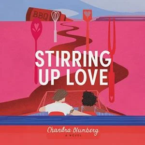 Stirring Up Love audiobook cover shows the backs of a black woman and a white man sitting in a car, a winding road ahead of them