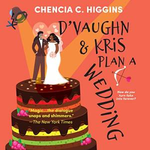 The illustrated cover of D'Vaughn And Kris Plan A Wedding shows a weeding cake with two Black women standing on top, one in a white wedding dress, the other in a tux. A spotlight is shining on them.