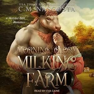 The cover of Morning Glory Milking Farm is in the style of classic art and shows a big minotaur and a white woman with curly brown hair pressing against his chest.