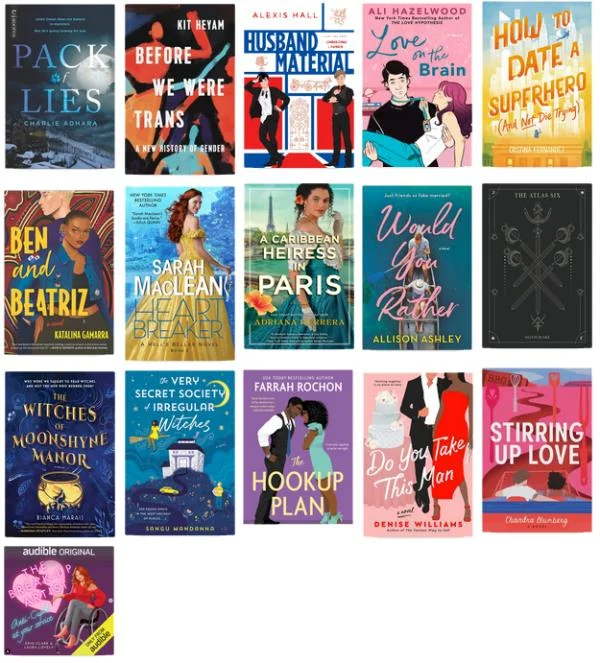 Audiobook covers of: Pack of Lies, When We Were Trans, Husband Material, Love on the Brain, How to Date a Superhero, Ben and Beatriz, Heartbreaker, A Carribean Heiress in Paris, Would You Rather, The Atlas Six, The Witches of Moonshyne Manor, The Very Secret Society of Irregular Witches, The Hookup Plan, Do You Take This Man, Stirring Up Love, The Break Up Artist 