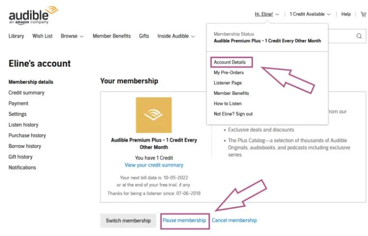 Image from the Audible dashboard with an arrow pointing to the dropdown menu point "Account Details" and to "Pause membership" at the bottom of the membership details screen