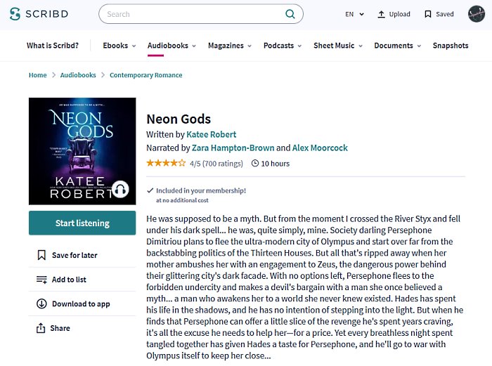 Screenshot of the Scribd book page for Neon Gods by Katee Robert showing the menu to save and download the book