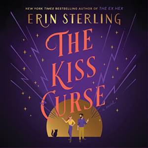 Illustrated cover of The Kiss Curse shows a white man and woman gesturing at a sky with stars and blue lightning