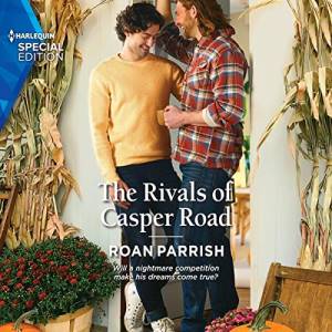 The photo on The Rivals of Casper Road audiobook shows two white men in cozy clothing in front of a house decorated with corn stalks and pumpkins