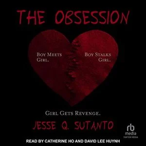 The Obsession audiobook cover showing a torn red paper heart on a black background