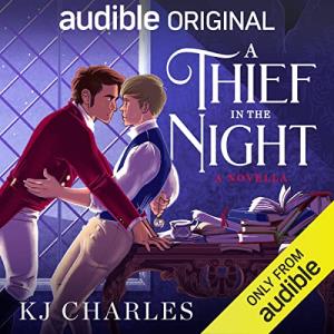 A Thief in the Night audiobook cover showing an elaborate drawing of two white men, one leaning over the other and pressing him against a cluttered desk with books