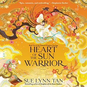 Heart of the Sun Warrior audiobook cover is a beautiful drawing of woman in a white dress flying on a cloud above a palace