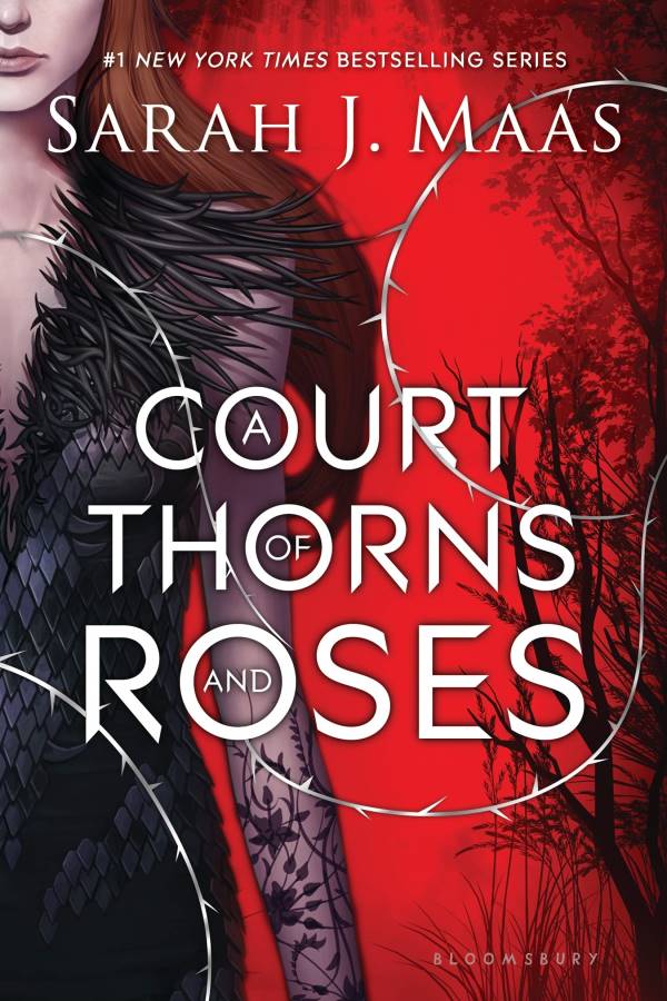 A Court of Thorns and Roses book cover showing a white woman in a black dress in front of a red background