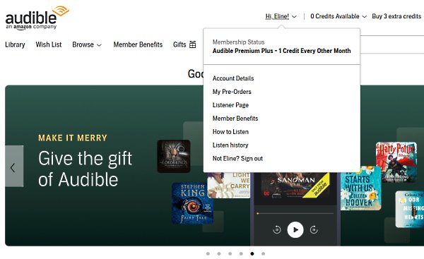 Image shows the Audible menu, saying "Membership status: Audible Premium Plus - 1 credit every other month"