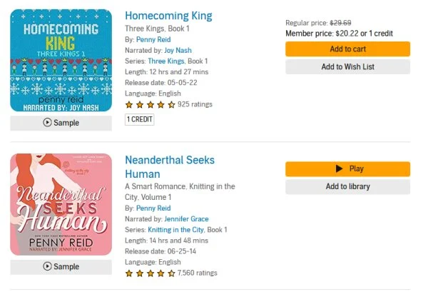 Screenshot from Audible showing one audiobook with the "1 credit" tag and one without