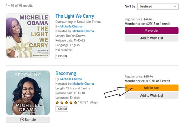 The screenshot shows the Audible website with an arrow pointing at the "Add to cart" button next to a "1 credit" book