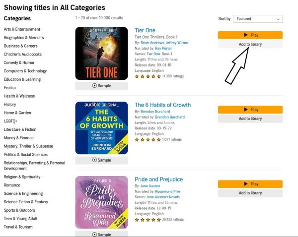 Image showing Audible Plus books with an arrow pointing at the "Add to library" button below the yellow "Play" button