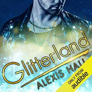 Glitterland audiobook cover showing a bearded man with a black leather jacket surrounded by glitter effects