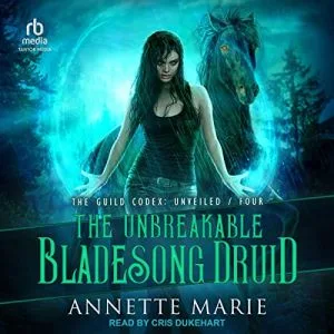 The Unbreakable Bladesong Druid audiobook cover showing a blackhaired white woman staring menacingly at the viewer, a black horse behind her