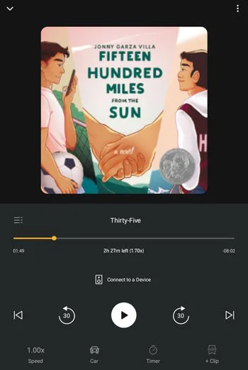 The Audible app showing the Kindle Unlimited audiobook Fifteen Hundred Miles from the Sun