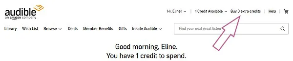 Screenshot from Audible.com pointing to a menu entry in the upper right corner menu saying " Buy 3 extra credits"