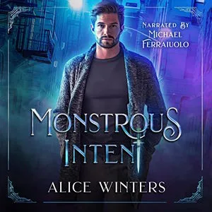 Monstrous Intent audiobook cover shows a white man with short dark hair and a beard wearing a leather jacket, surrounded by purple and blue mist
