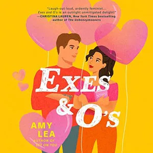Eyes and Os audiobook cover is a comic illustration of a white man with light hair and a light skinned woman with dark hair, surrounded by heart-shaped baloons
