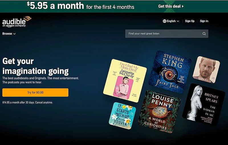 Sign up button for an Audible free trial and temporary offer for 4 months for $5.95