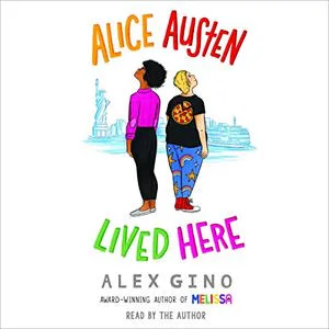 The Alice Austen Lived Here shows a Black kid with short black hair and a white chubby kid with short blonde hair, looking up at the words Alice Austen, in the background is the statue of liberty