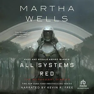 The All Systems Red audiobook cover is all in grey colors and shows a robot that looks similar to a space suit