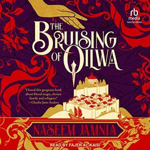 The Bruising of Qilwa audiobook cover is an atmospheric illustration in reds, yellows, and purple, there's a hand surrounded by red swirls and a city on a hill 